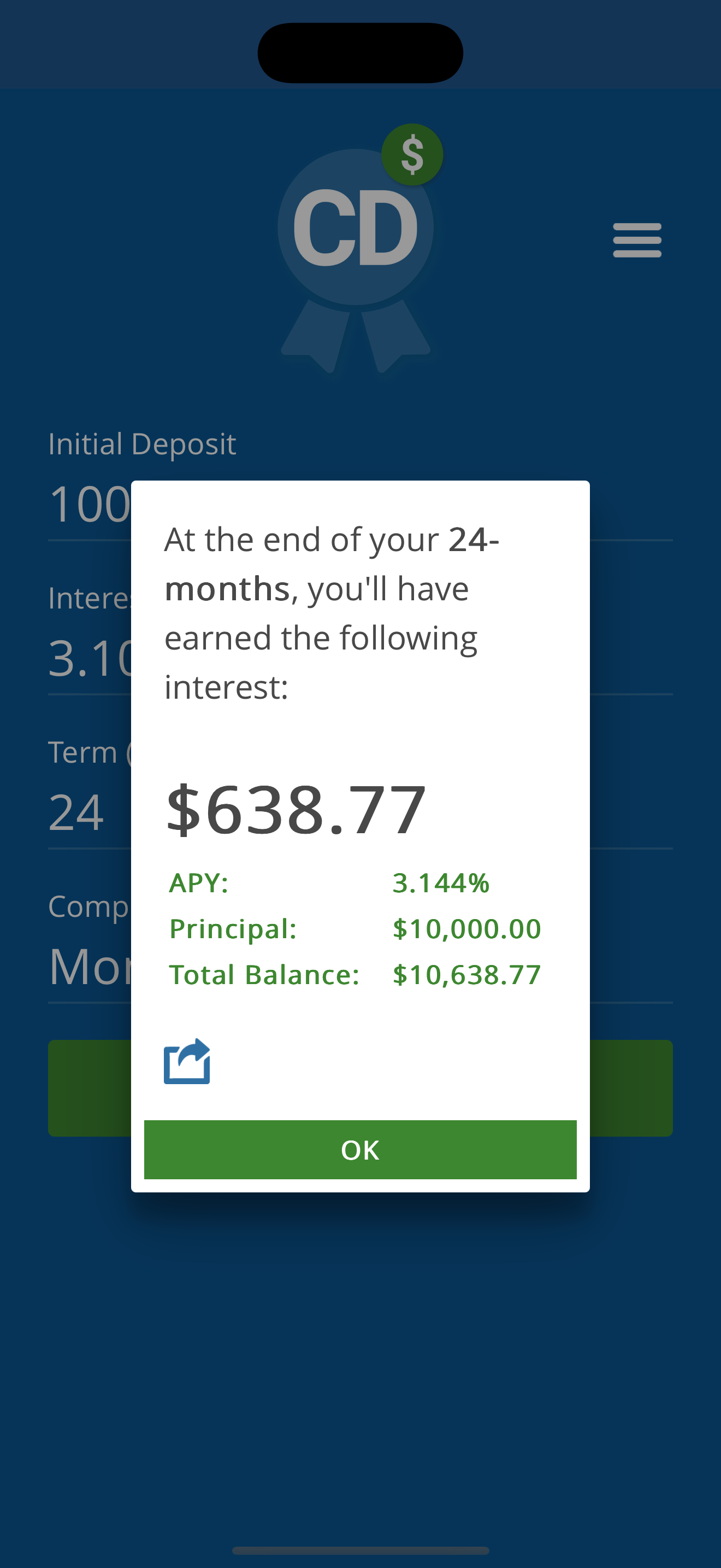CD Calculator Pro results